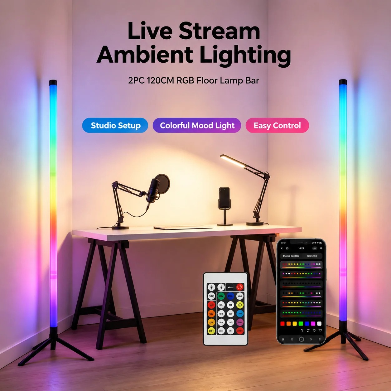 Esports Gaming Setup - 120CM RGBコーナーフロアランプ、サウンドピックアップLEDライトバー（ゲーミングルーム、eスポーツセットアップ、寝室の雰囲気装飾用）