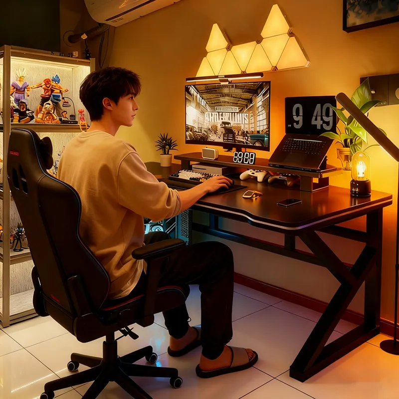 Esports Gaming House - 黒のeスポーツスタイルコンピューターデスク、寝室やホームオフィス用のゲーミングテーブル、ワークベンチ、デスクトップセットアップ、賃貸住宅用家具