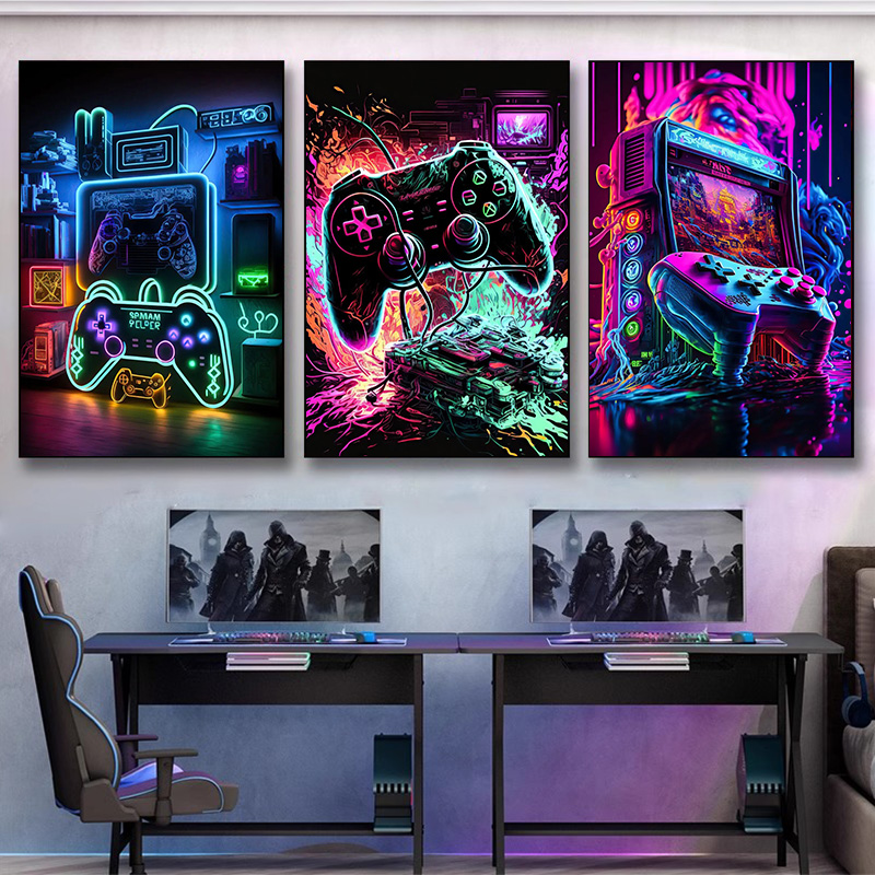 モダンなネオンポップクールなゲーミングウォールアートポスター - Esports Gaming House のレビューと価格